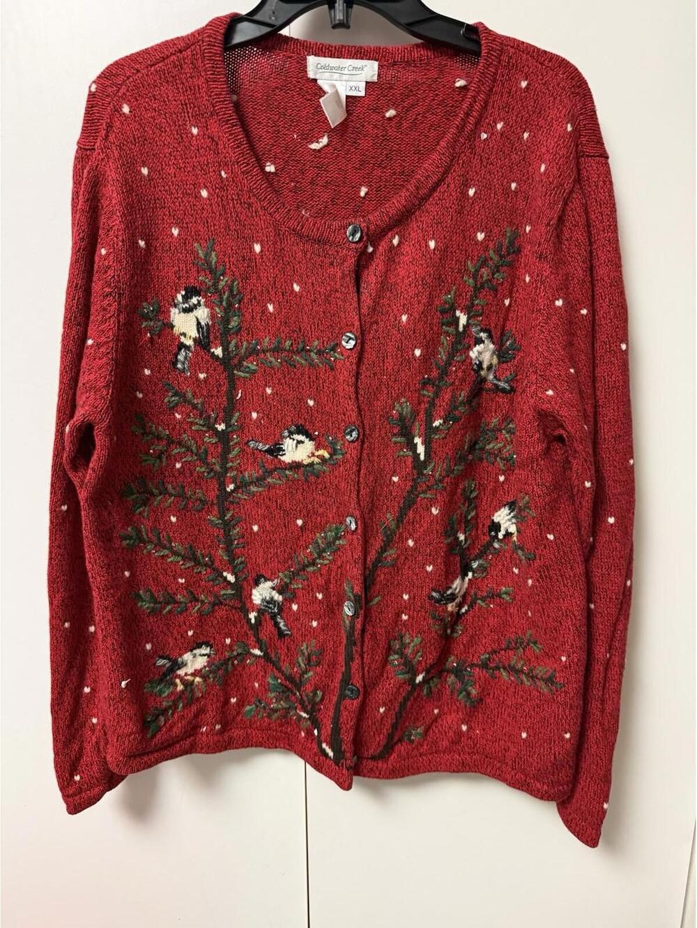 Coldwater Creek womens chickadee Sweater XXL Winter BIRDS Knit Cotton Wool artsy